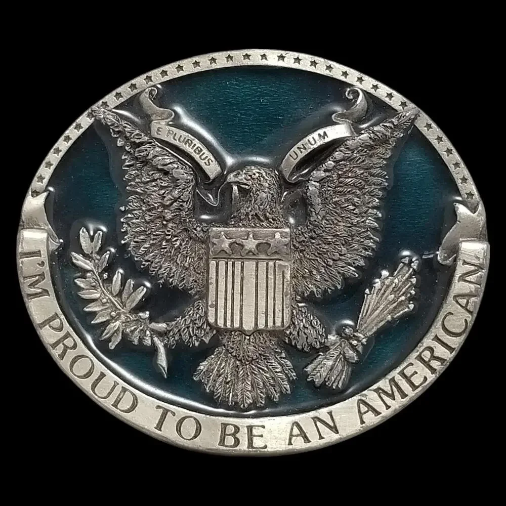 Vintage Belt Buckle Pewter 1981‎ I'm Proud To Be An American E Pluribus Unum USA